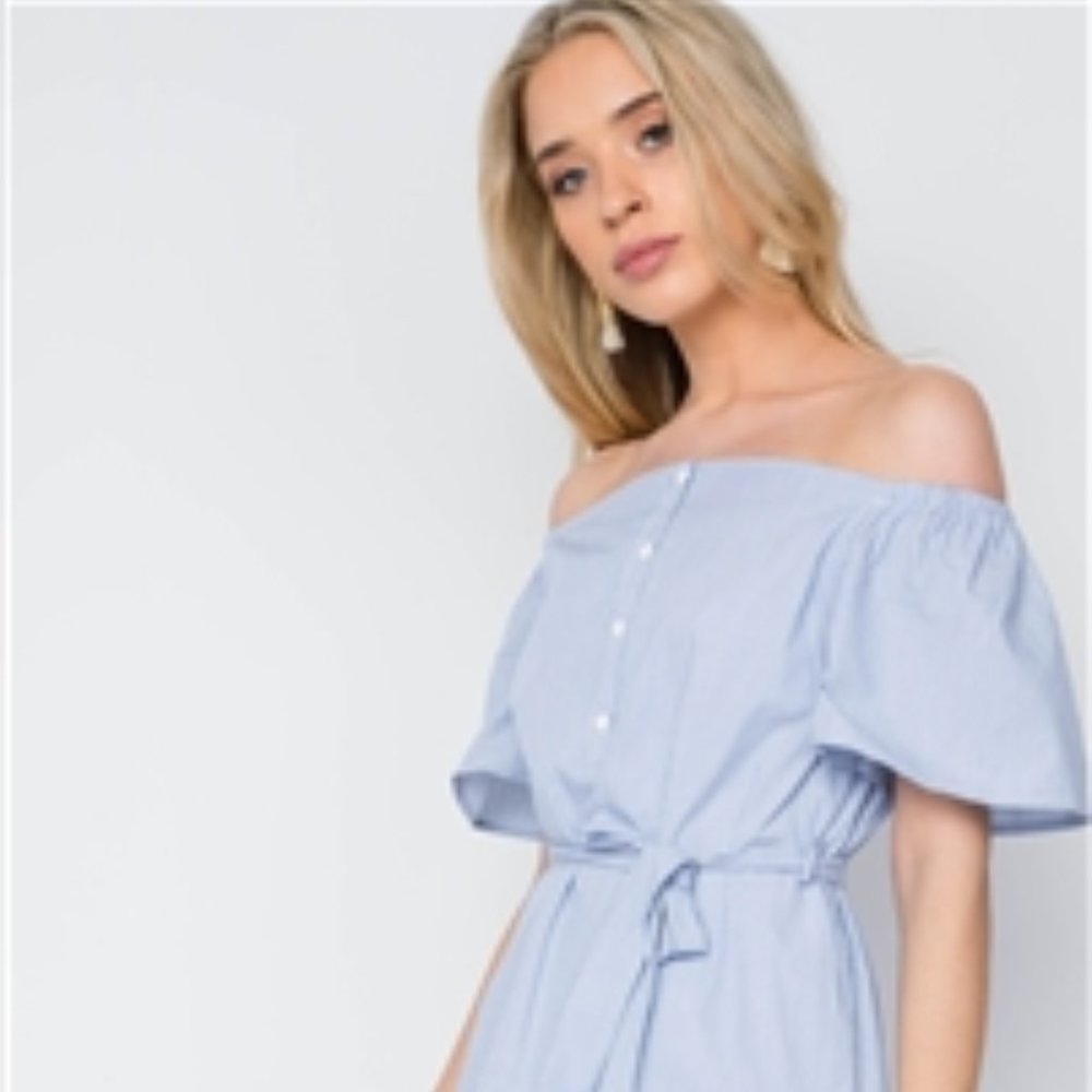 BLUE WHITE STRIPE OFF-THE-SHOULDER BOHO MINI DRESS